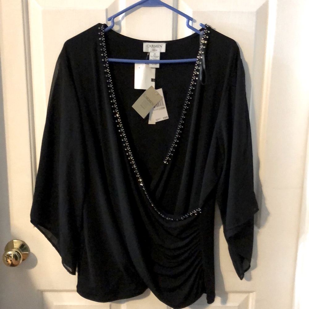 Carmen Marc Valvo black top w/ rhinestone accents, sz 2X 3/4 sleeve